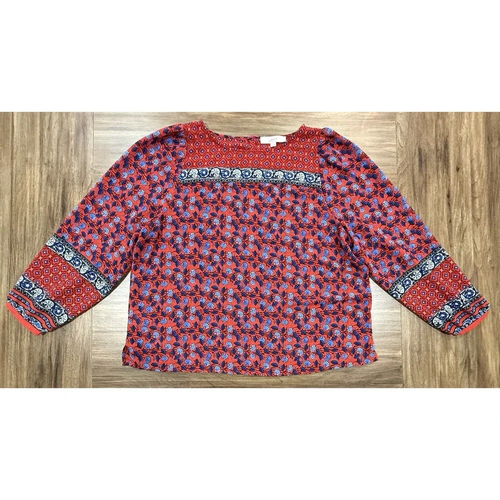 LOFT Plus Red Blue Floral Print Career Blouse Red Women Size XL Long Sleeve